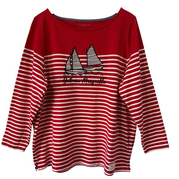 Talbots Top 2X Red Stripe Sailboat Coastal Nautical Preppy Thick Pristine Nice - Picture 1 of 14